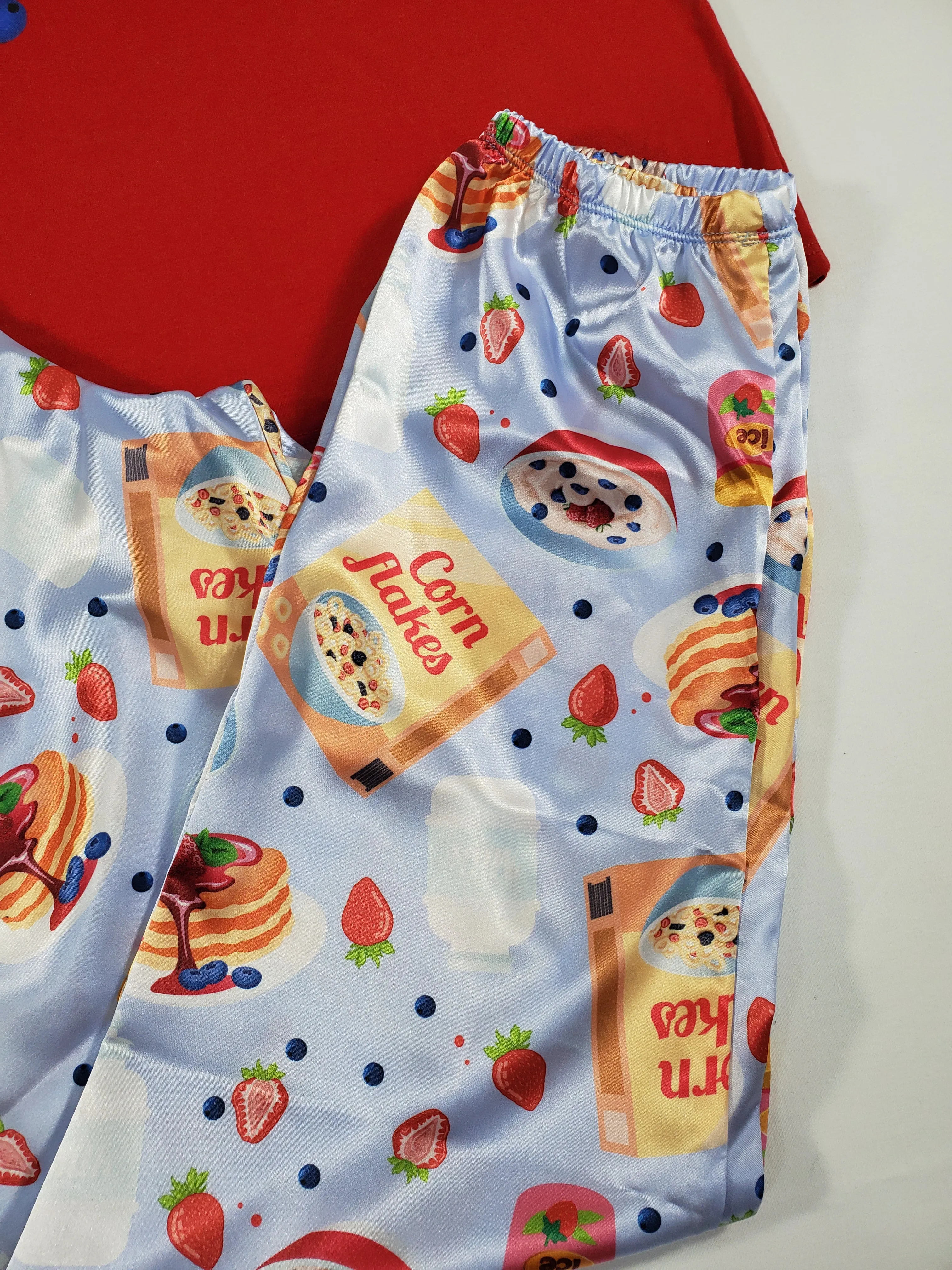 Sexy blue satin Women's pajama pants with red shirt breakfast theme