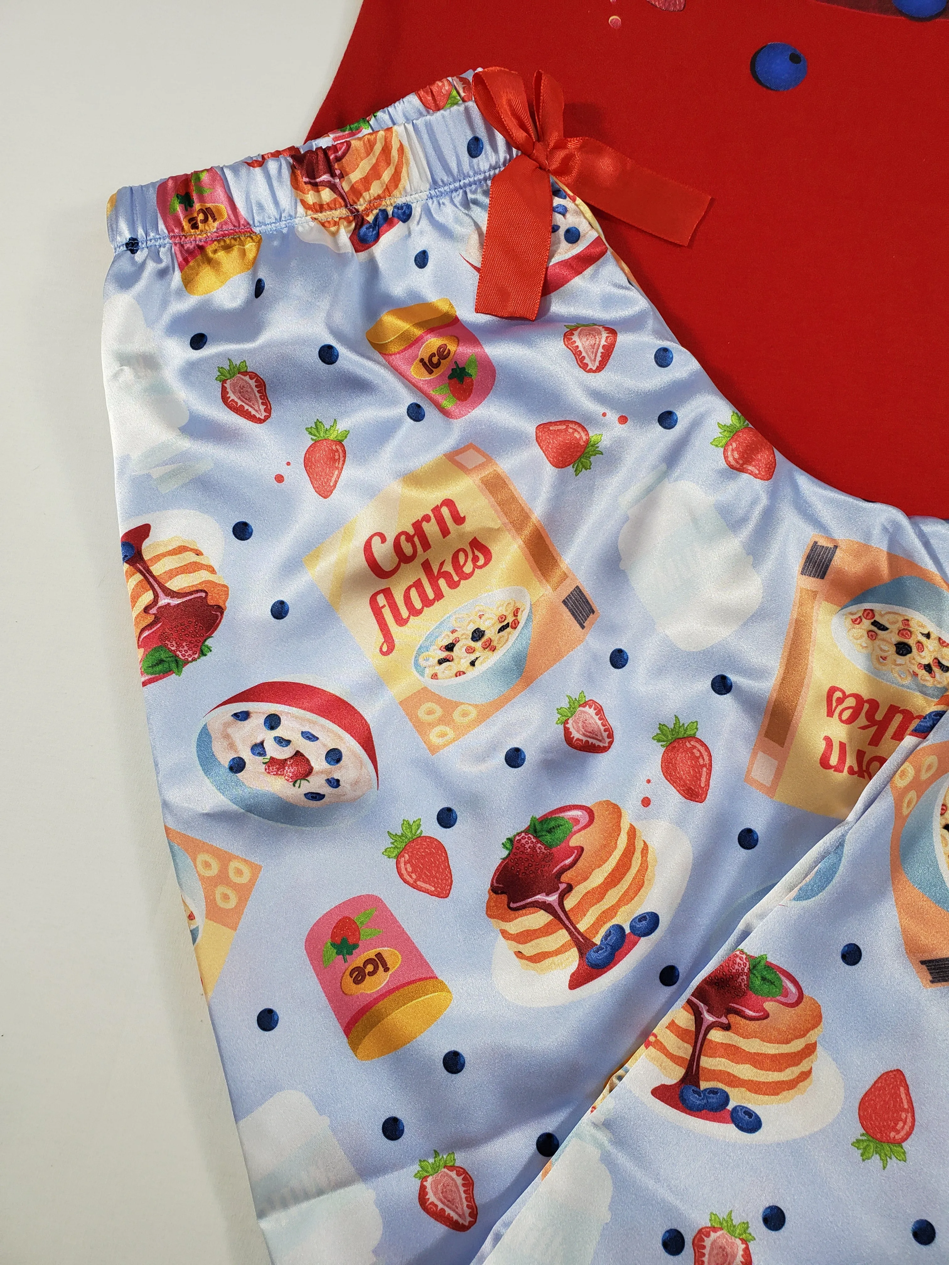 Sexy blue satin Women's pajama pants with red shirt breakfast theme