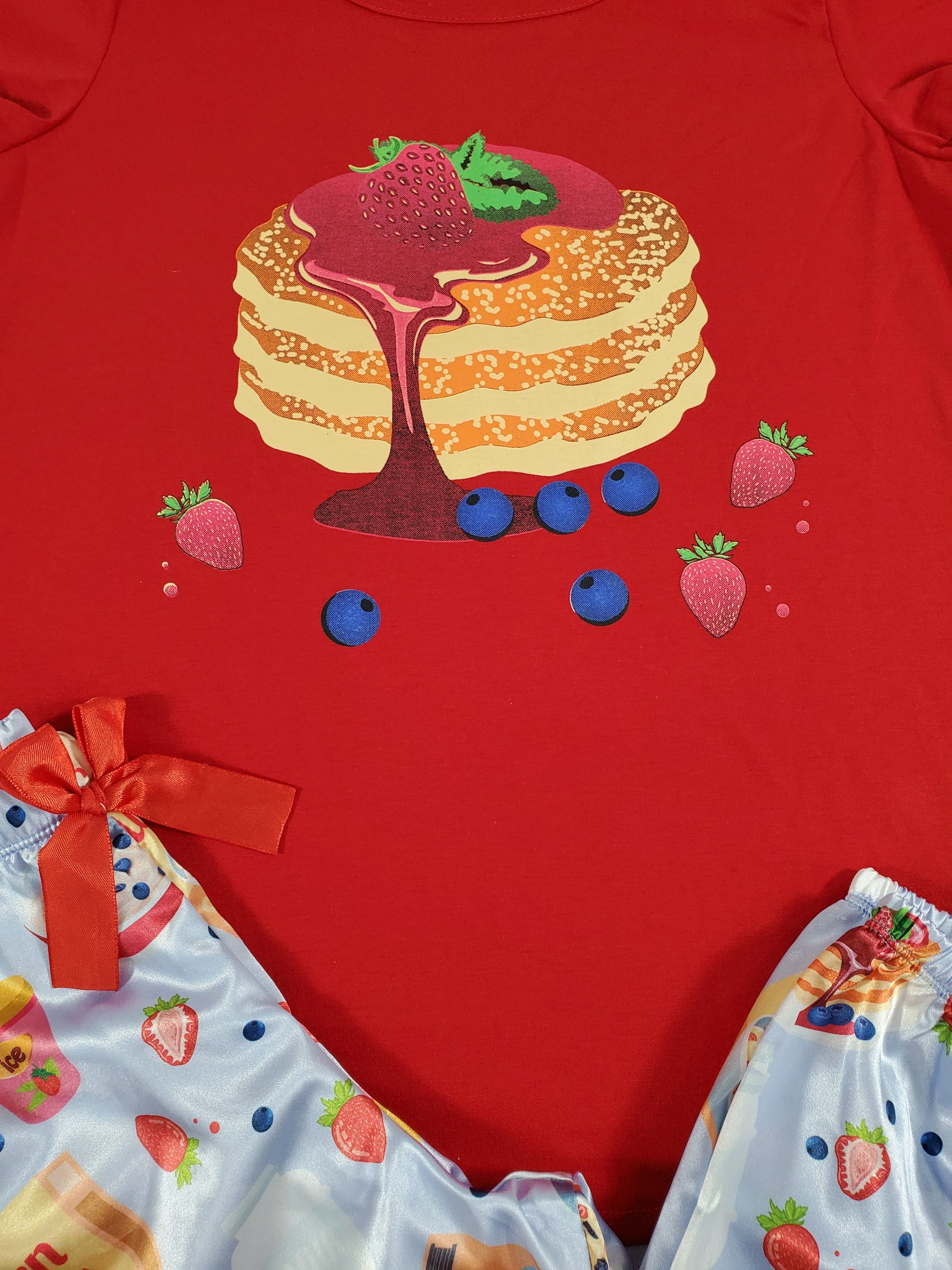 Sexy blue satin Women's pajama pants with red shirt breakfast theme