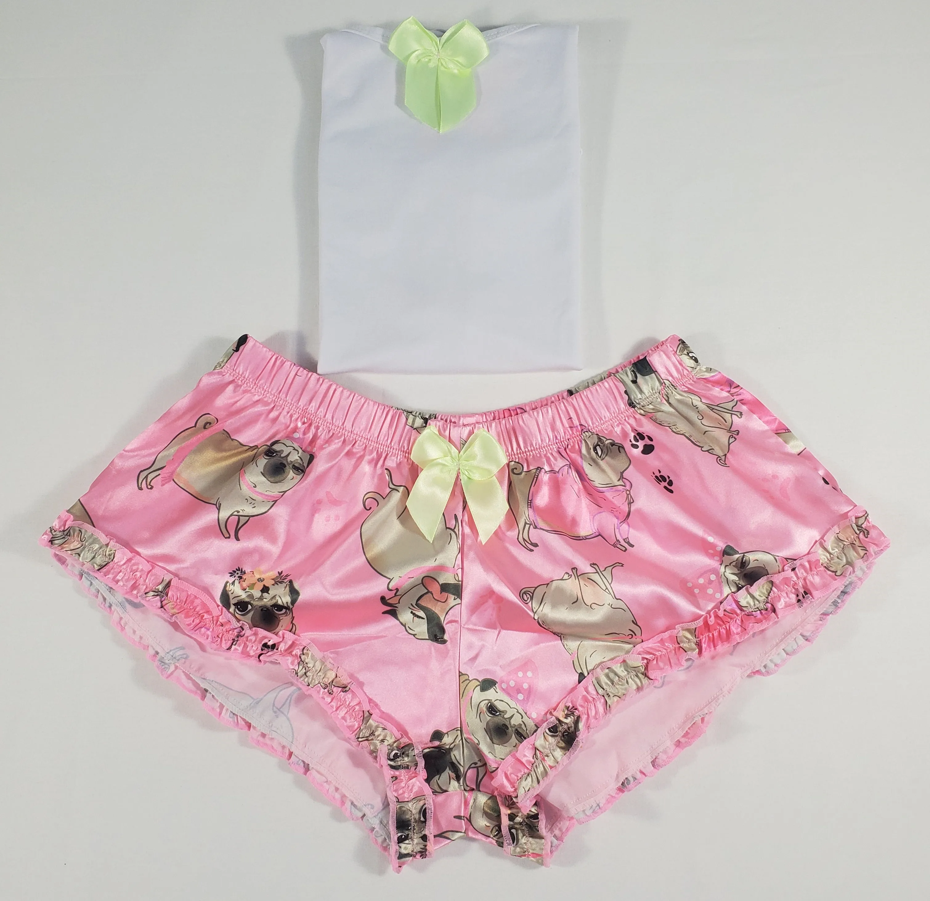 Sexy Women's pajama pink satin shorts puppies theme white blouse