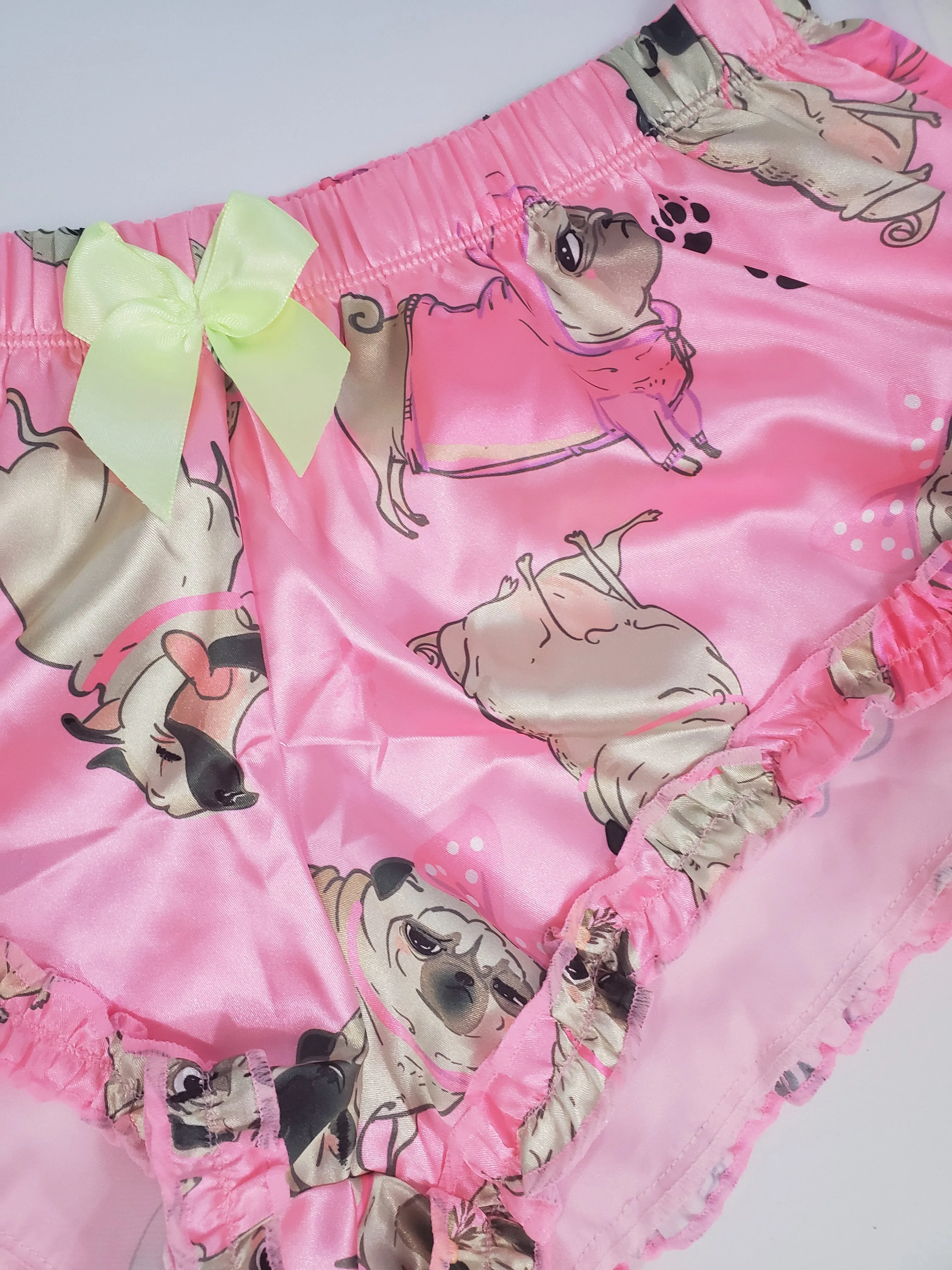 Sexy Women's pajama pink satin shorts puppies theme white blouse