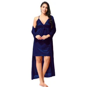 Siami Apparels Satin 2 PC Nighty/Night Wear Set with Robe | V- Neck | Solid/Plain | Attractive & Stylish | for Women, Girlfriend, Wife (Free Size, Navy)