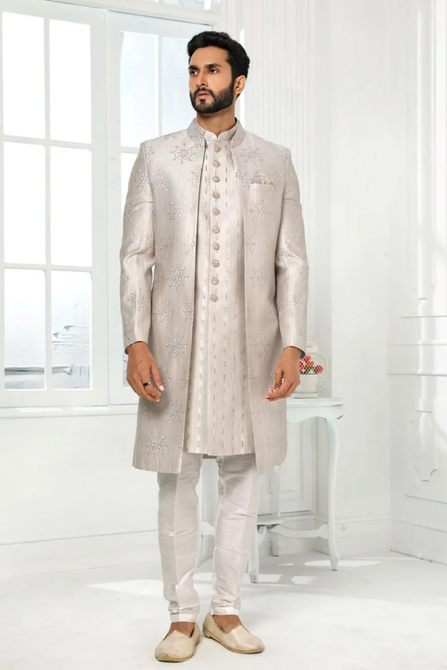 Silver Mens Sherwani with Jacket