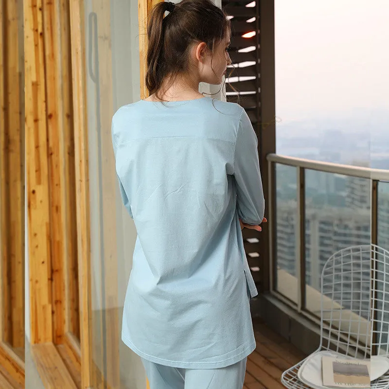 Sleepwear 100% Soft Cotton Pajama Set Solid Blue Lounge wear S M L Long Sleeves