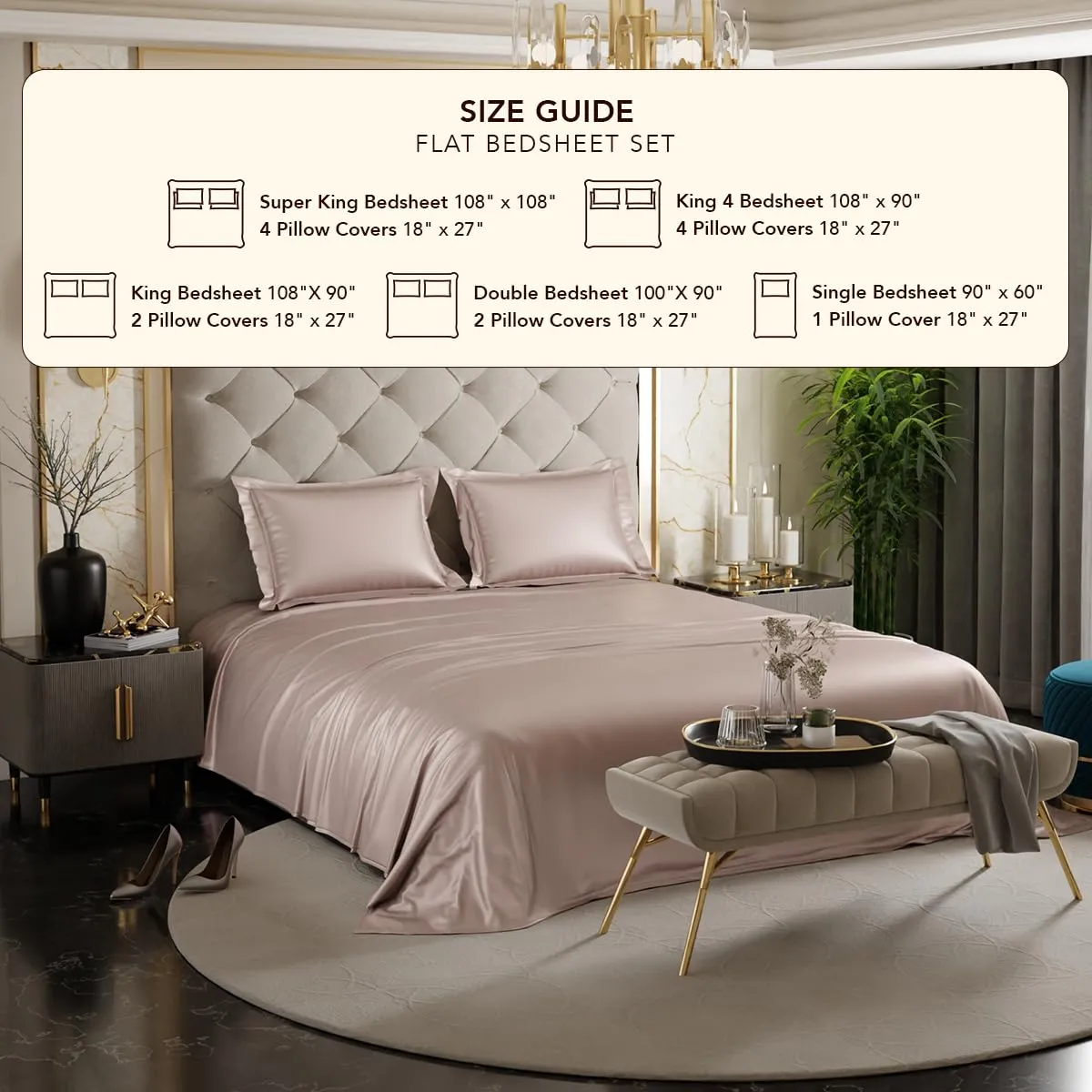 Stoa Paris Satin Bedsheets For Double Bed - 300Tc Premium Bedsheet With 2 Pillow Covers, Luxury Bedding Set, Gift For Couples For Romantic Dates, Wedding, Champagne,300 TC