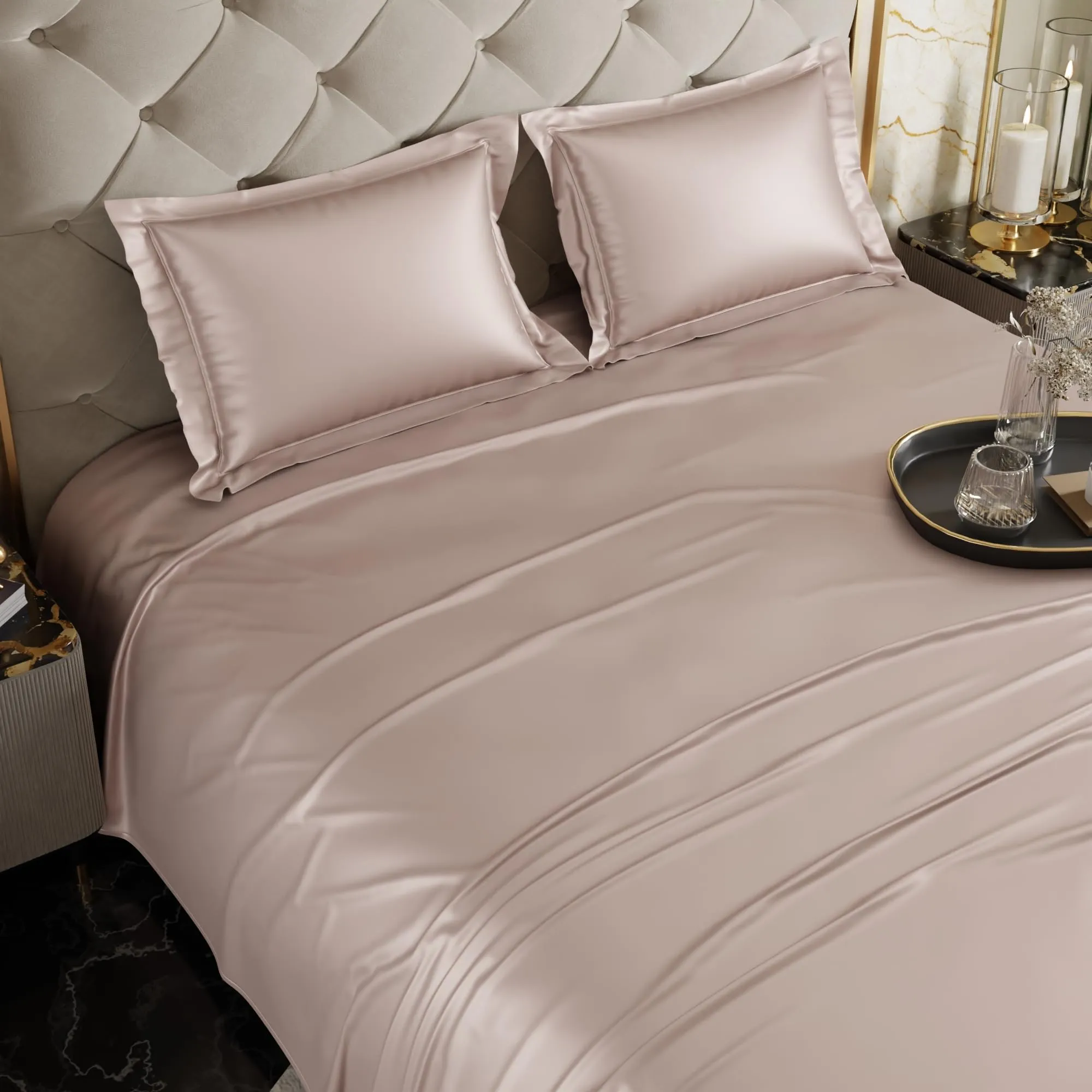 Stoa Paris Satin Bedsheets For Double Bed - 300Tc Premium Bedsheet With 2 Pillow Covers, Luxury Bedding Set, Gift For Couples For Romantic Dates, Wedding, Champagne,300 TC