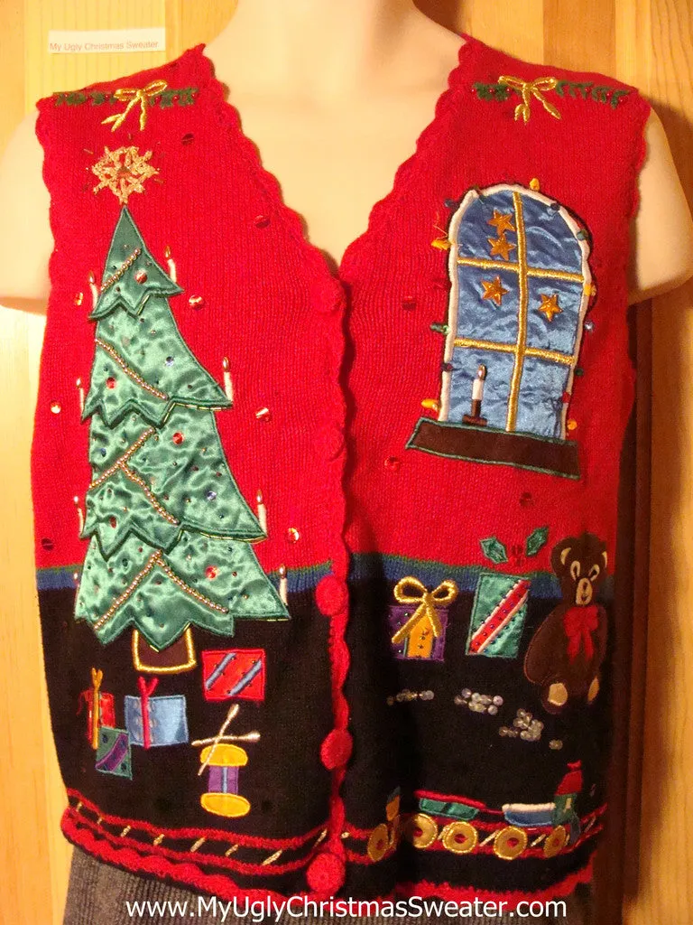 Tacky Ugly Christmas Sweater Vest with Shimmering Fabric Tree, Window and Gifts and Bling Accents (f771)