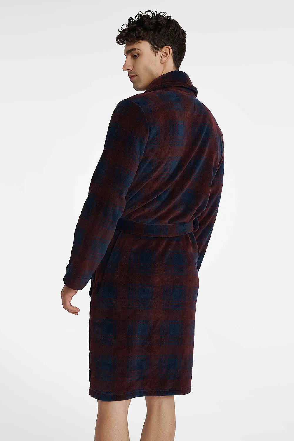 TEEK - Mens Deep Wine Plaid Beted Pocketed Bathrobe