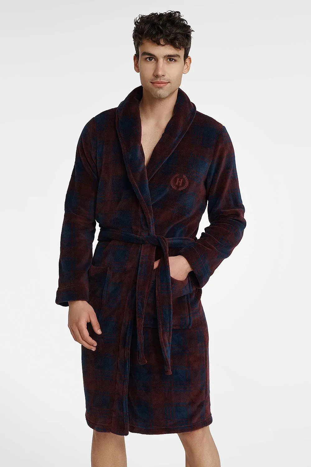 TEEK - Mens Deep Wine Plaid Beted Pocketed Bathrobe