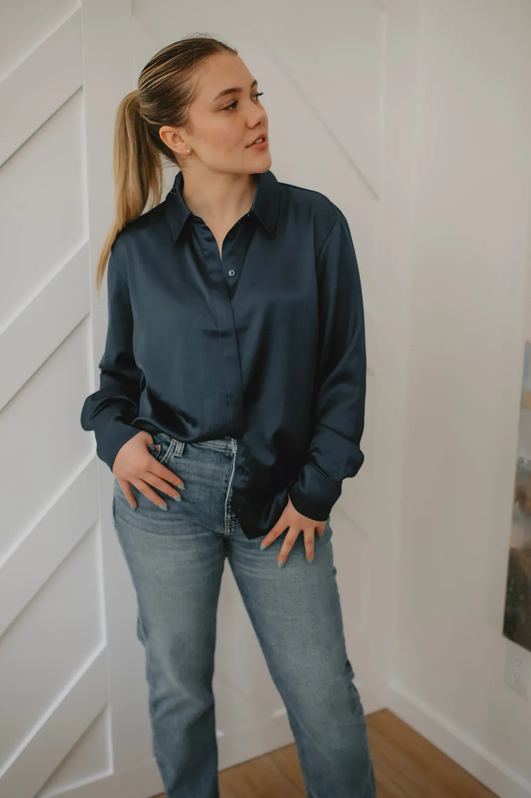 The Oversized Satin Shirt - Navy