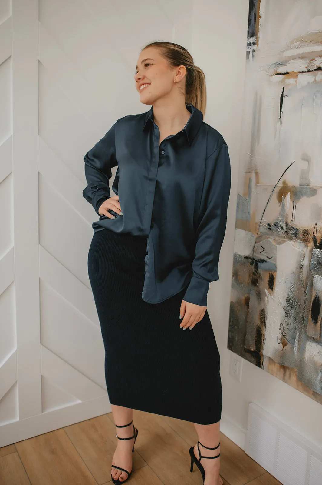 The Oversized Satin Shirt - Navy