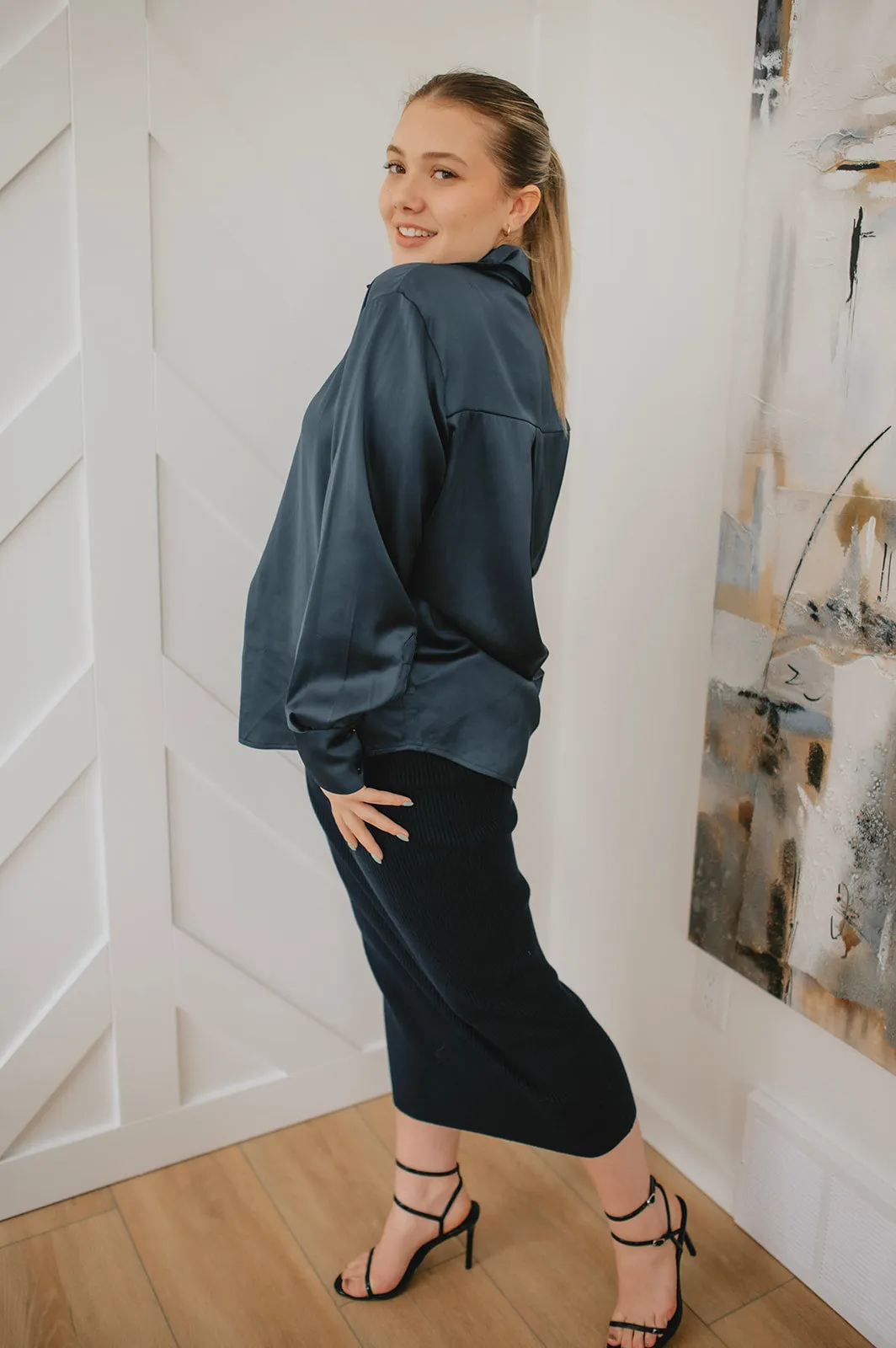 The Oversized Satin Shirt - Navy