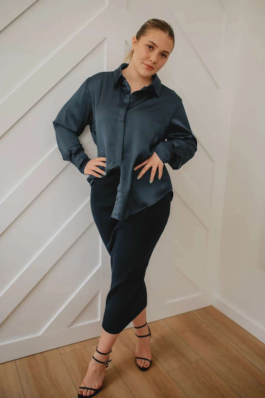 The Oversized Satin Shirt - Navy