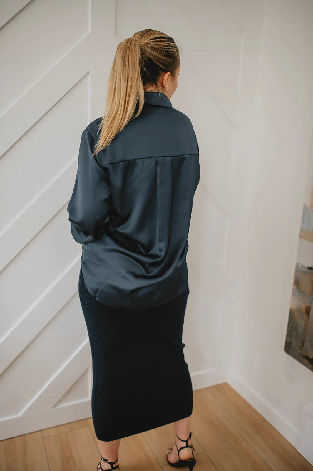 The Oversized Satin Shirt - Navy