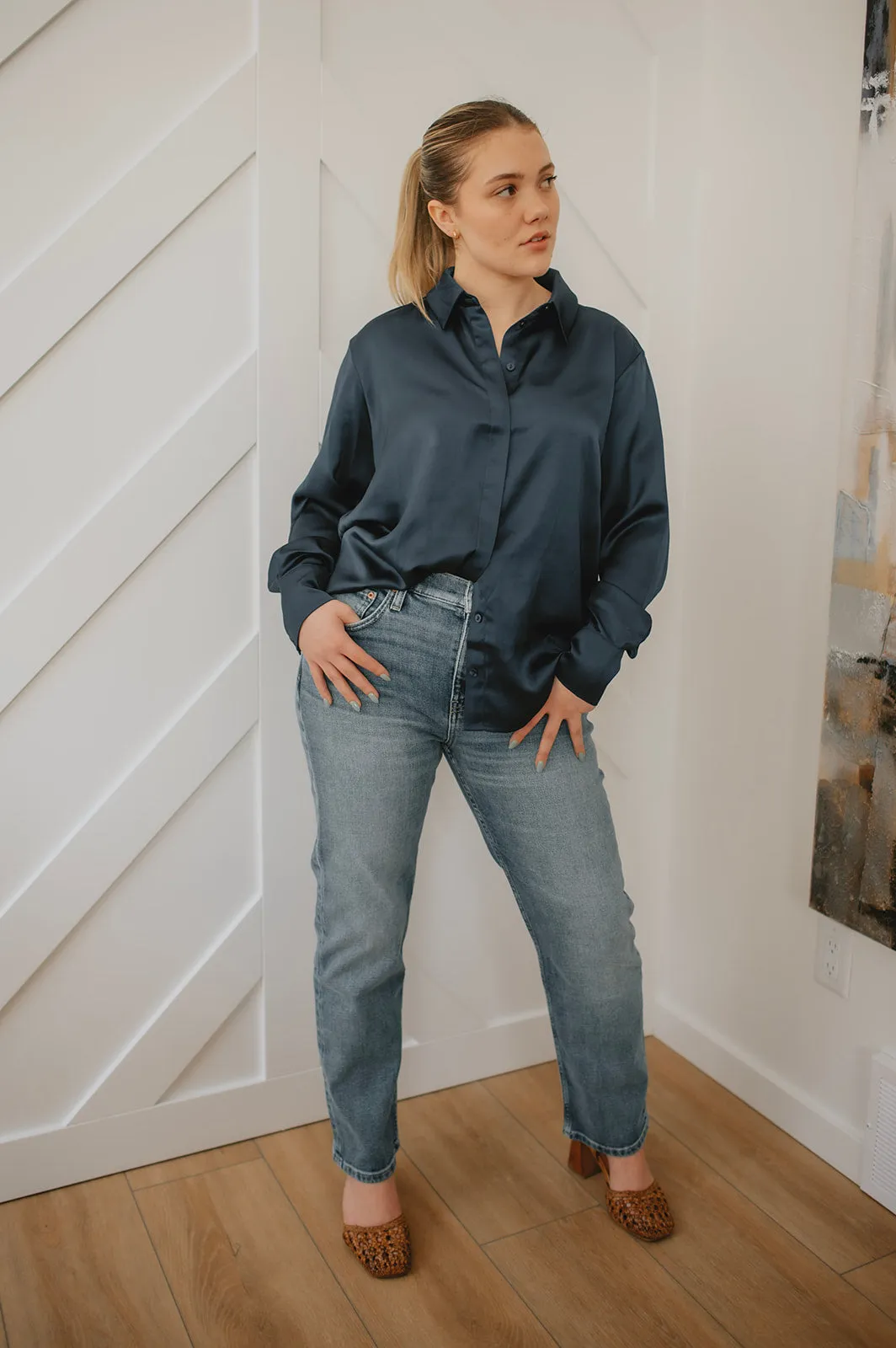 The Oversized Satin Shirt - Navy