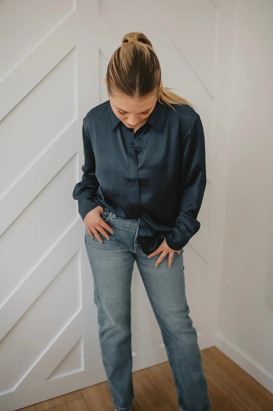 The Oversized Satin Shirt - Navy