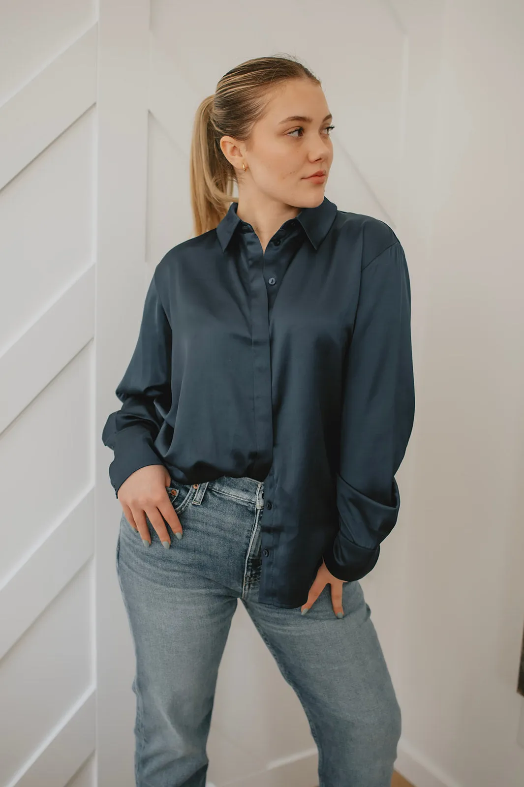 The Oversized Satin Shirt - Navy