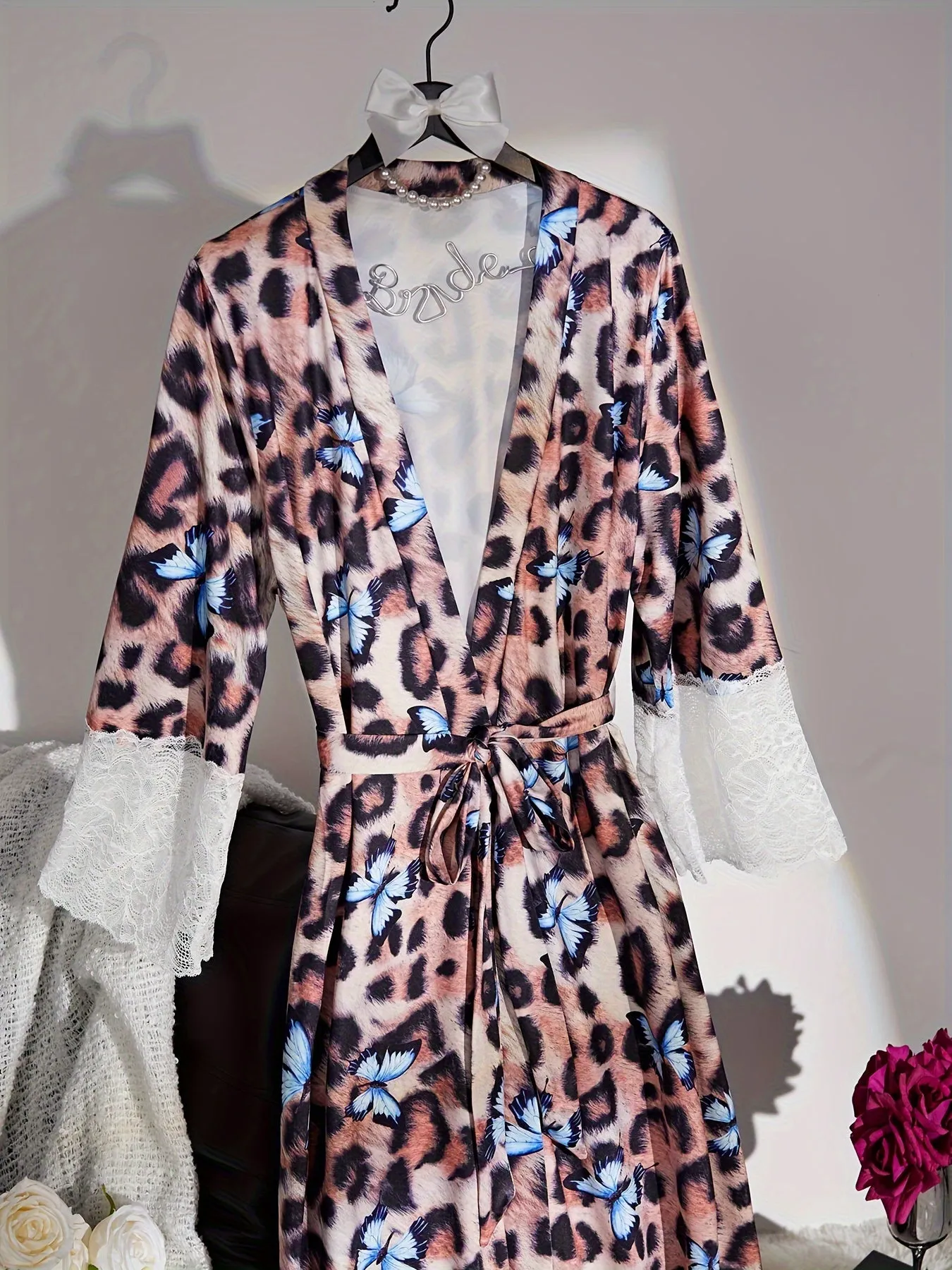 Vibrant Butterfly Print Leopard Night Robe - Exquisite Contrast Lace Trim, Long Sleeve, V Neck, with Belt - Womens Cozy Sleepwear, Perfect for Lounging