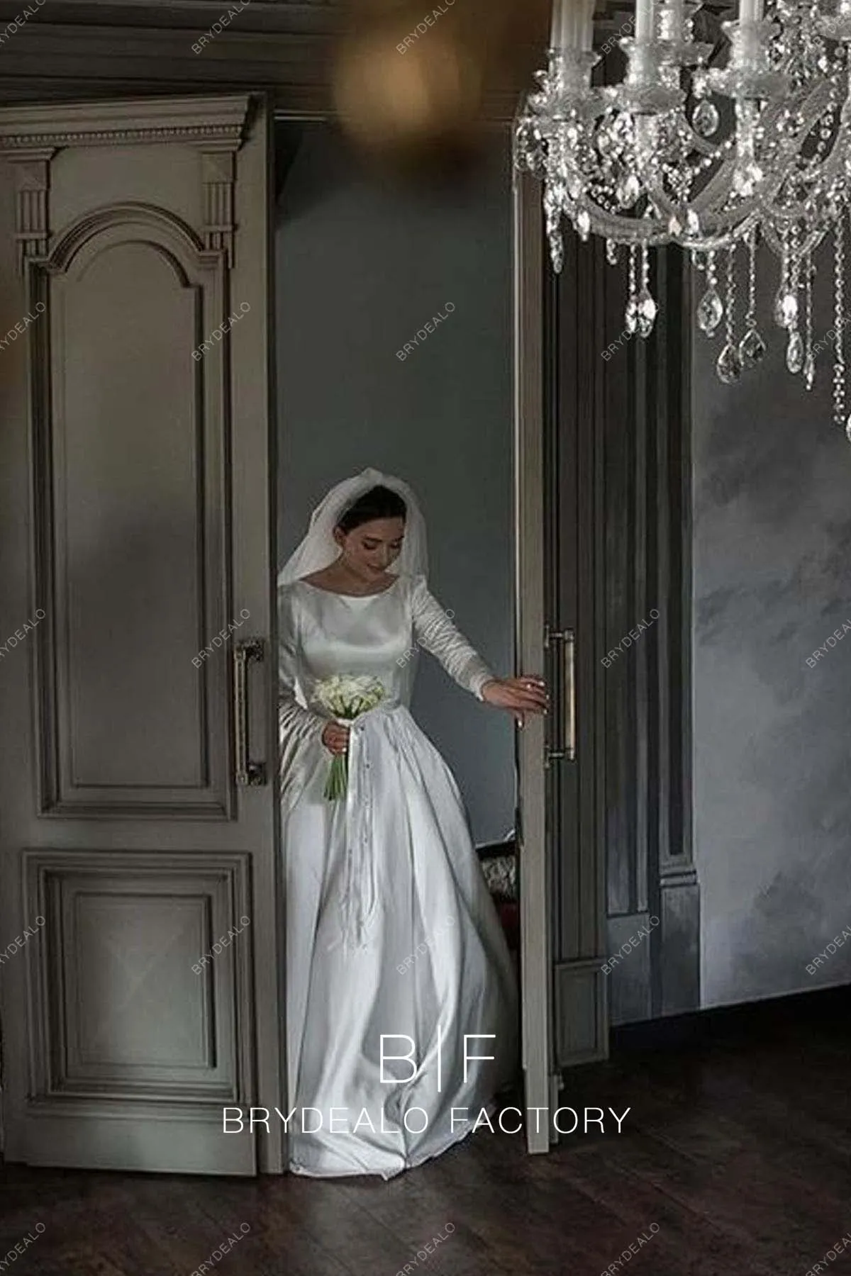 Vintage Satin Long Sleeves Custom Modest Ball Gown Wedding Dress