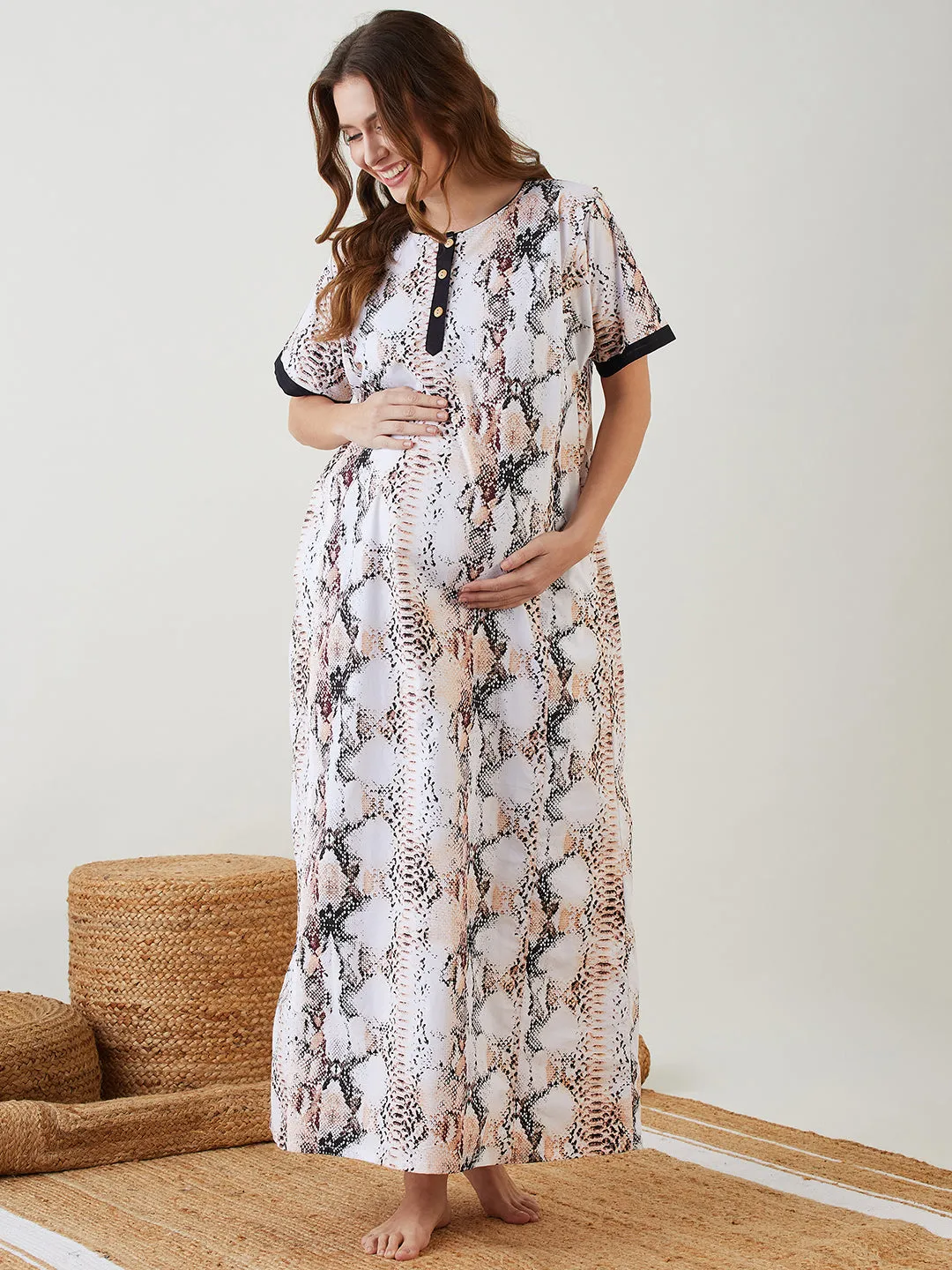 White Snake Printed Maternity Nightdress