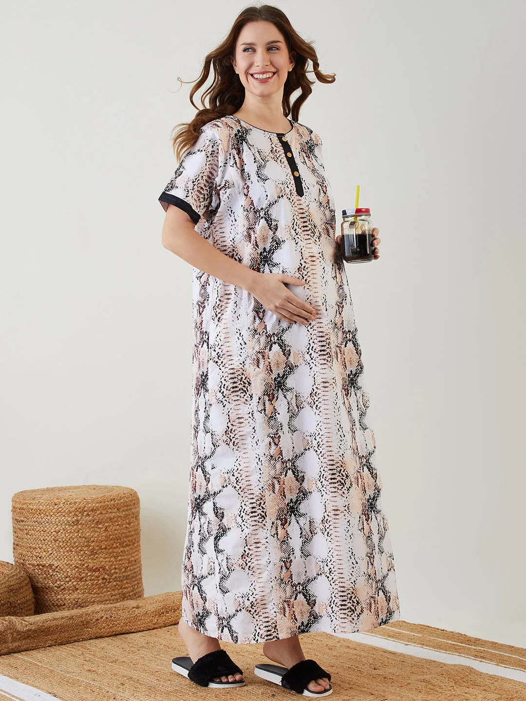 White Snake Printed Maternity Nightdress