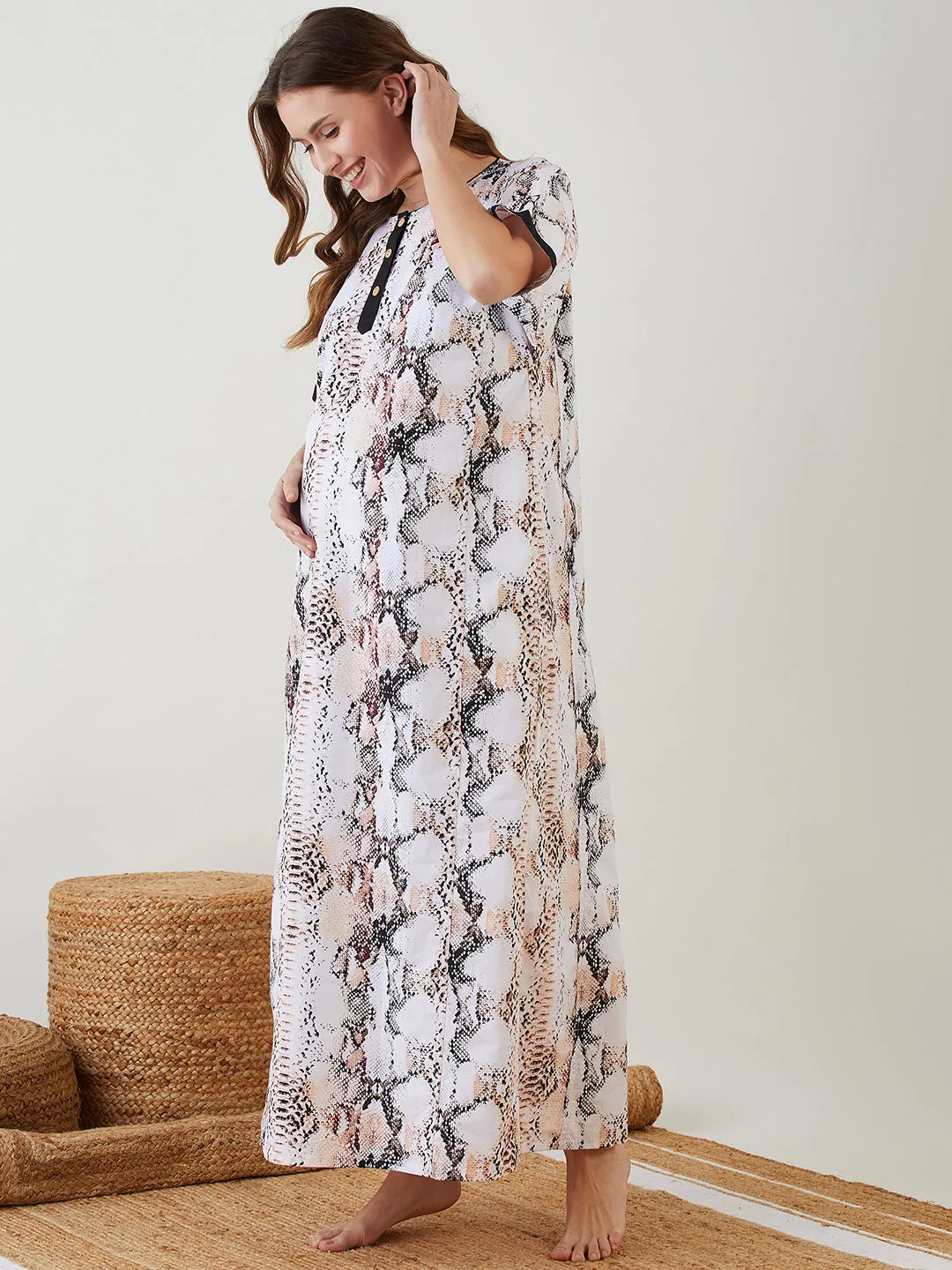 White Snake Printed Maternity Nightdress