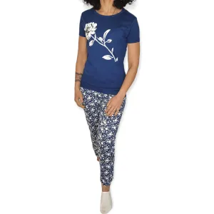 Women Pajama Set - Dark Blue x White flower