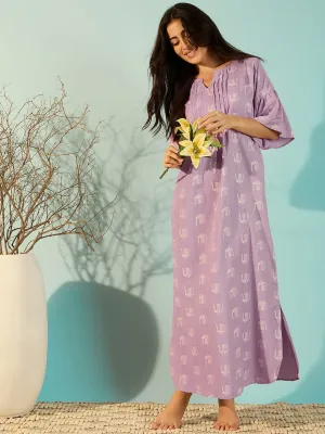 Women Peacock Block Lilac Linen Elegant Nightdress