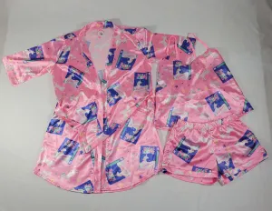 Women's 3-piece pink set satin robe shorts and blouse cereal theme