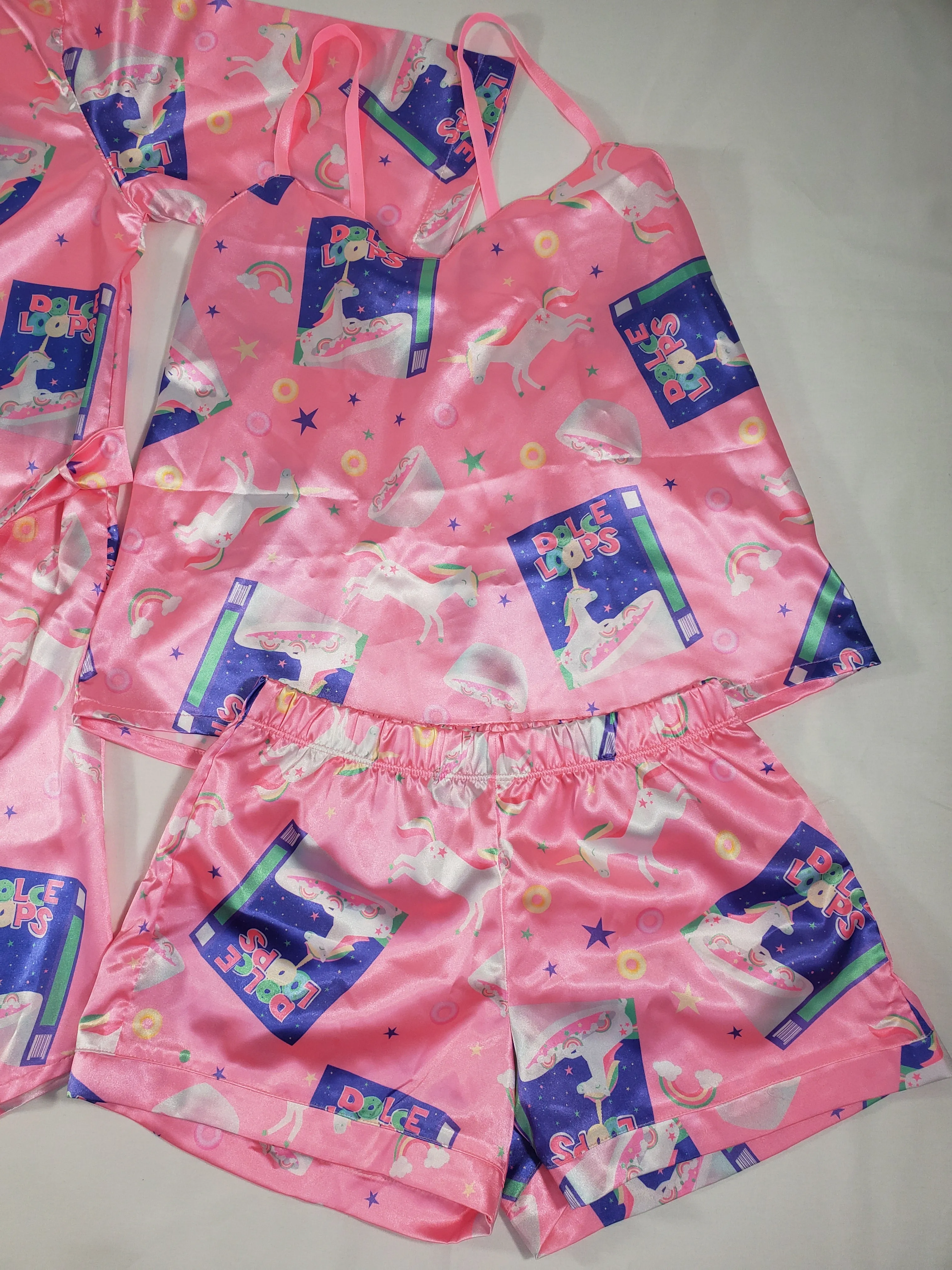 Women's 3-piece pink set satin robe shorts and blouse cereal theme