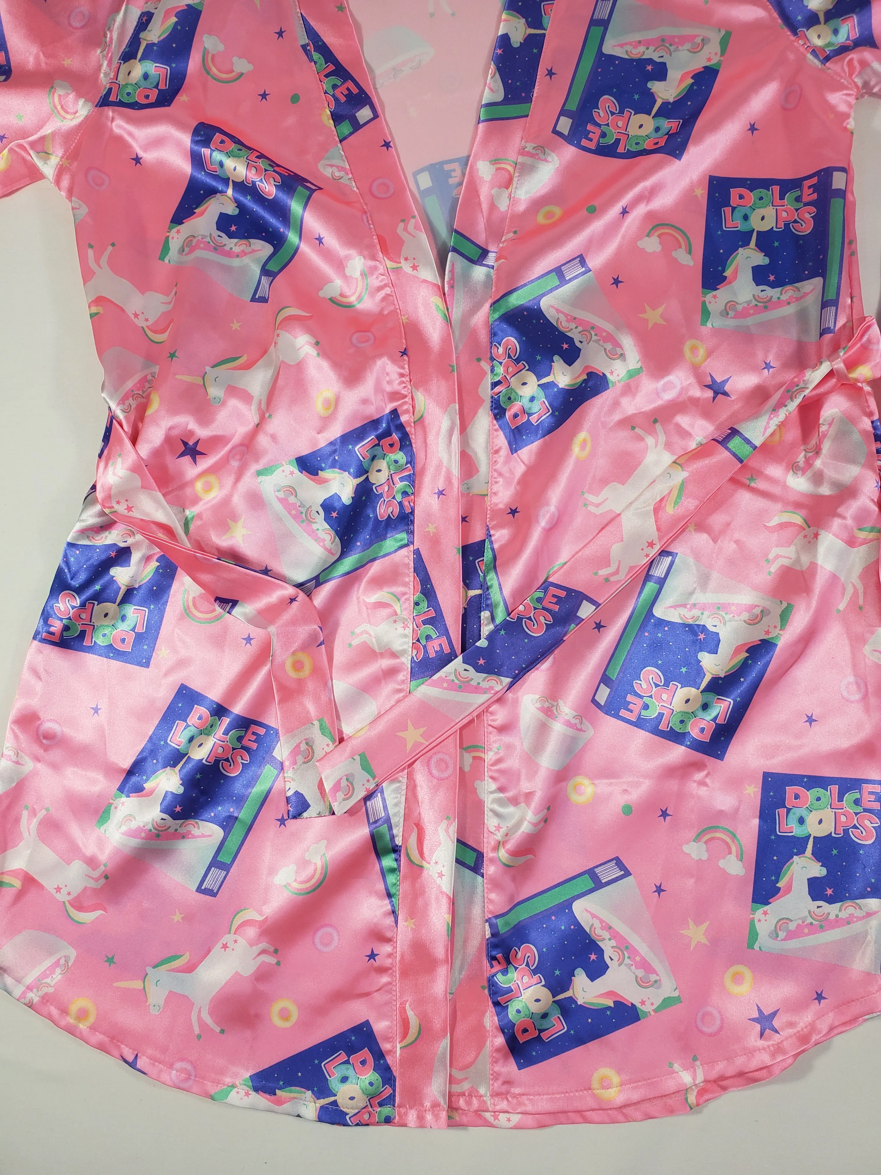 Women's 3-piece pink set satin robe shorts and blouse cereal theme