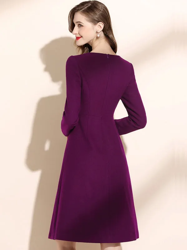 Womens Crew Neck Long Sleeved Button Front Midi Dress