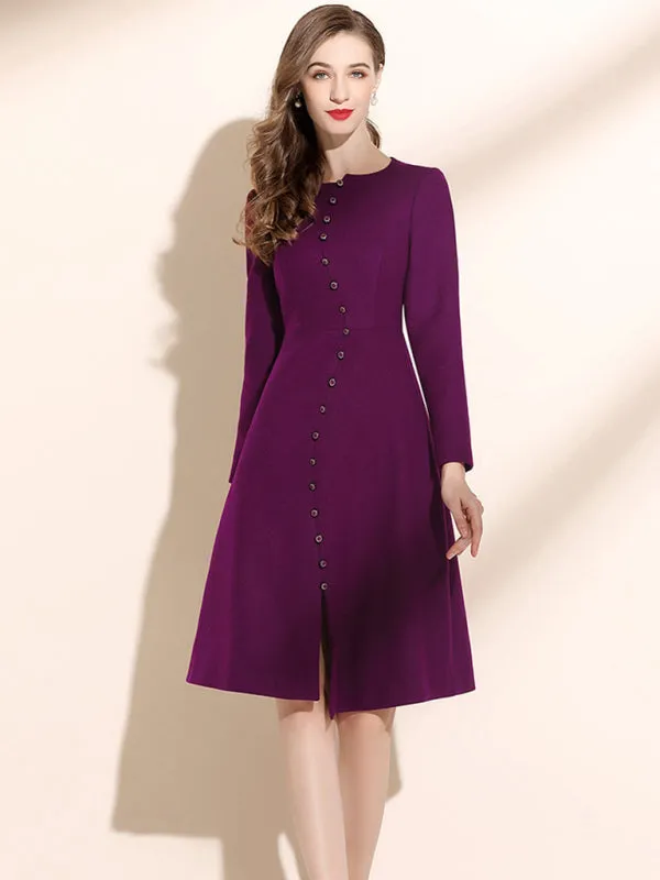 Womens Crew Neck Long Sleeved Button Front Midi Dress