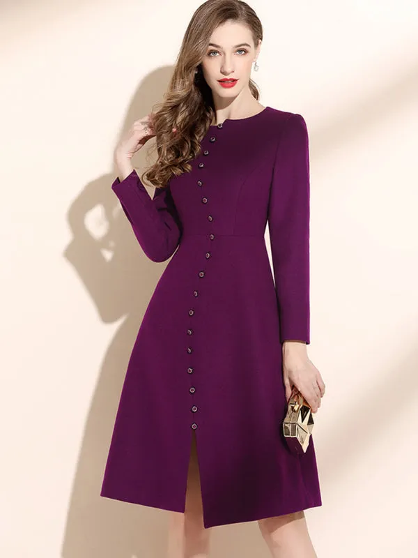 Womens Crew Neck Long Sleeved Button Front Midi Dress