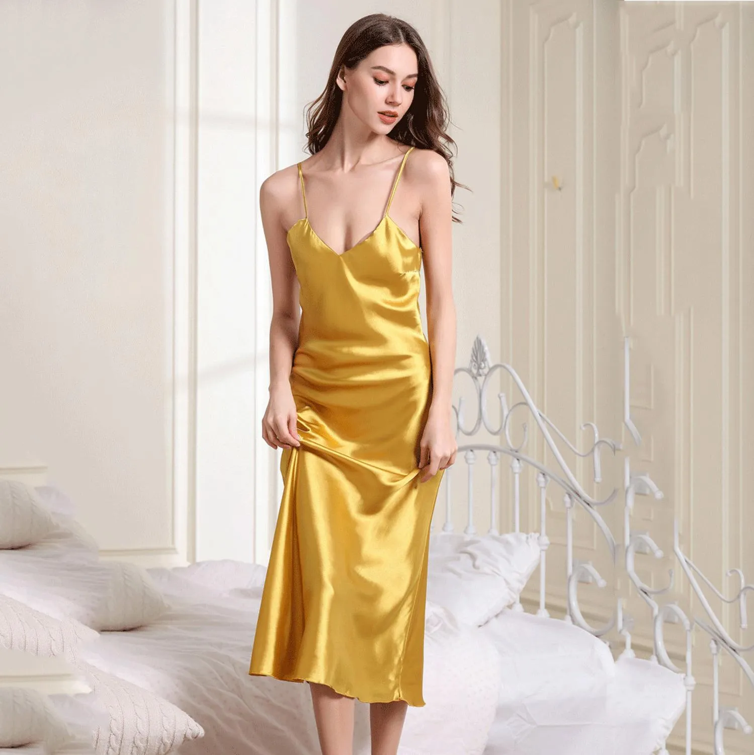 Womens Long Satin Rayon Solid Nightdress