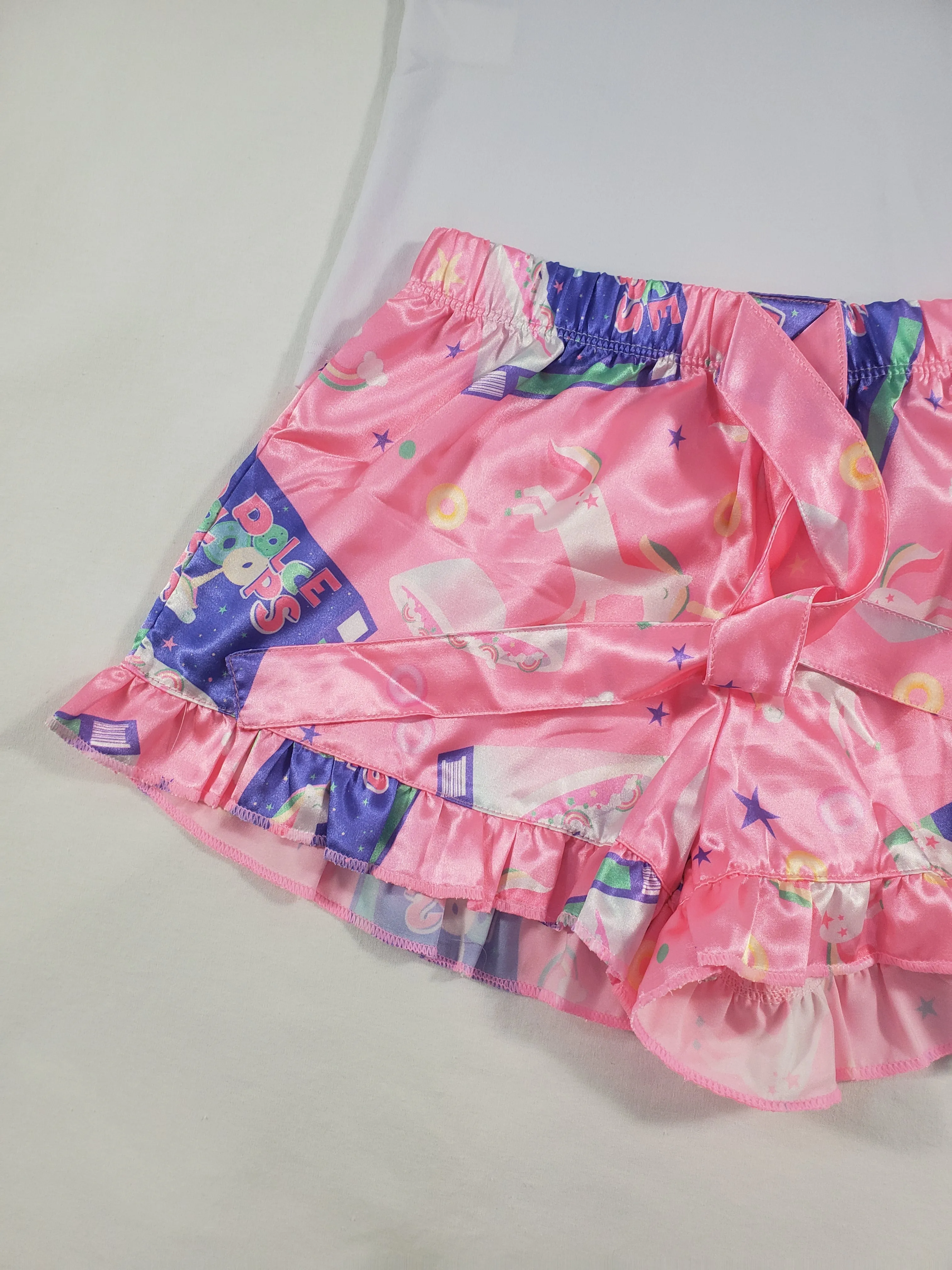 Women's Mellow pajama set pink satin shorts breakfast cereal theme white blouse