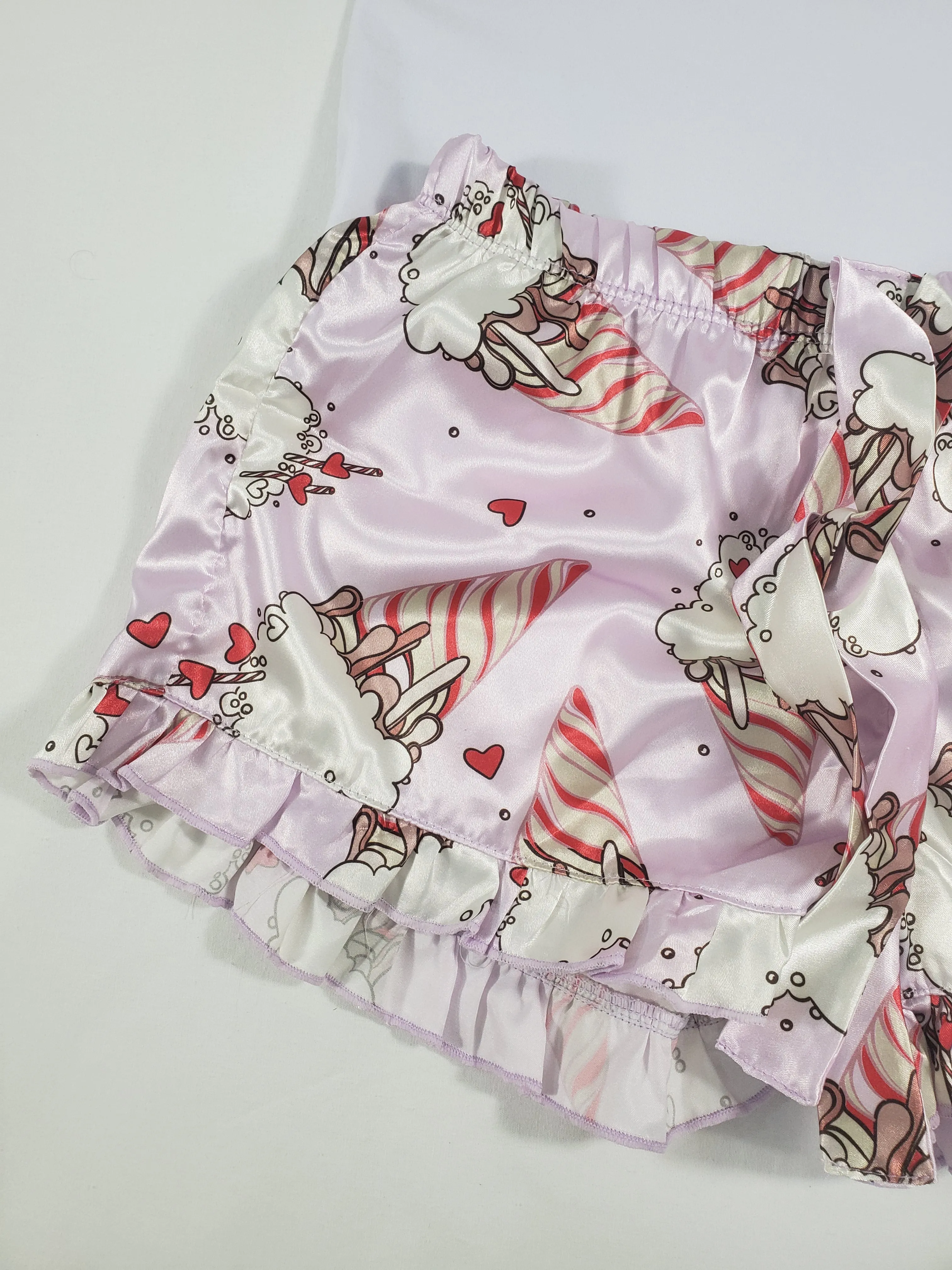 Women's Mellow pajama set pink satin shorts ice cream cones and hearts theme white blouse