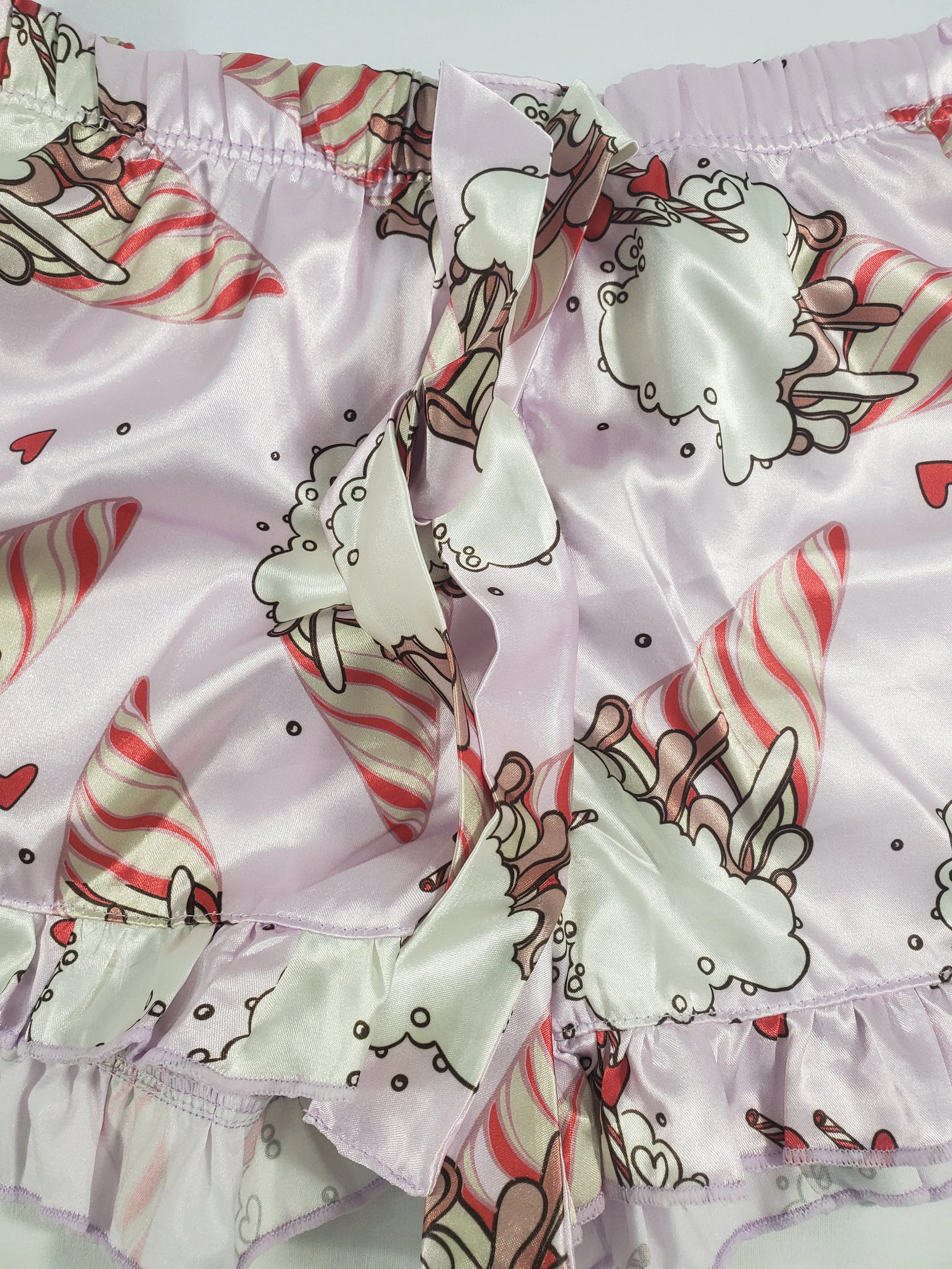 Women's Mellow pajama set pink satin shorts ice cream cones and hearts theme white blouse