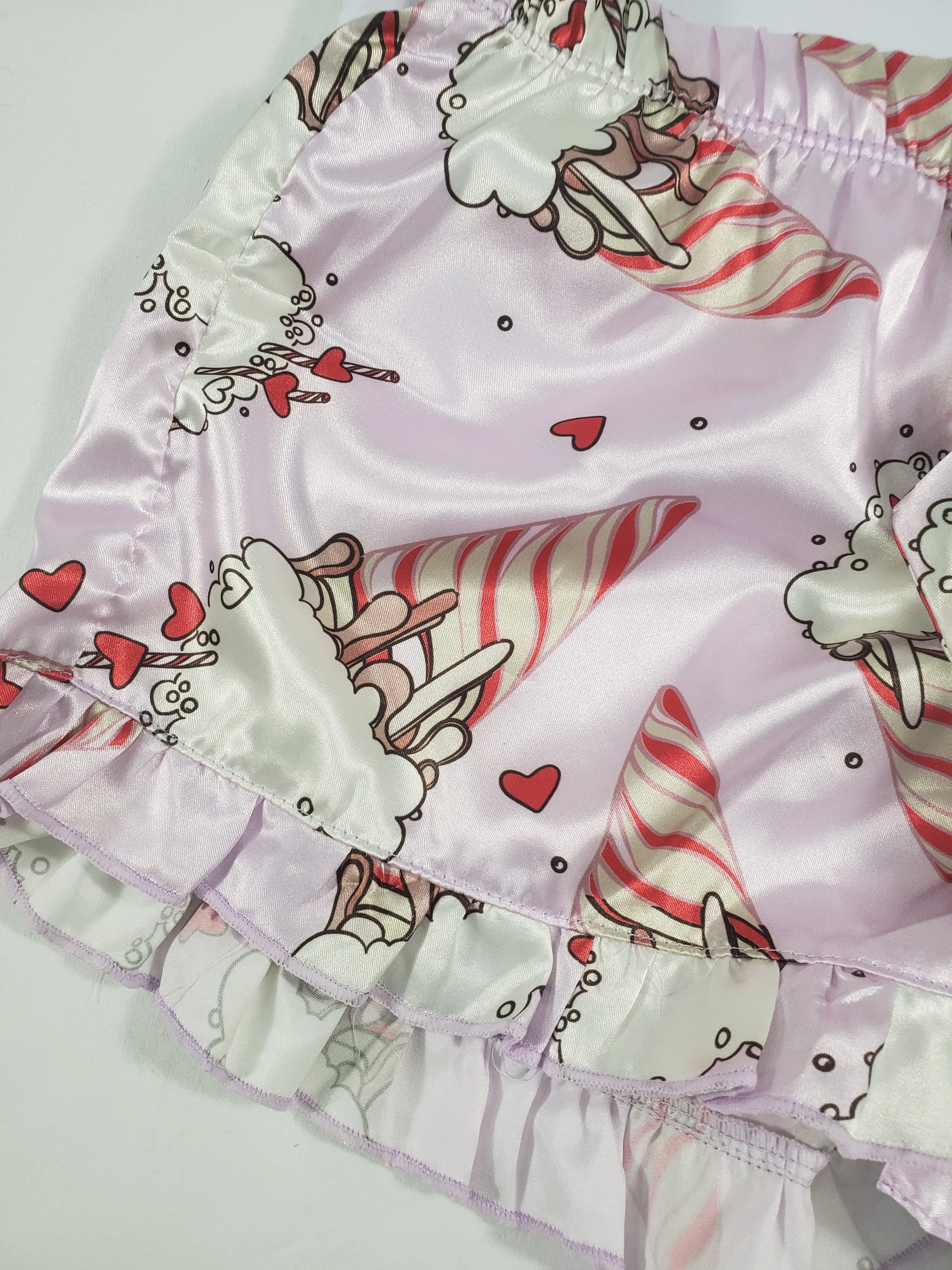 Women's Mellow pajama set pink satin shorts ice cream cones and hearts theme white blouse