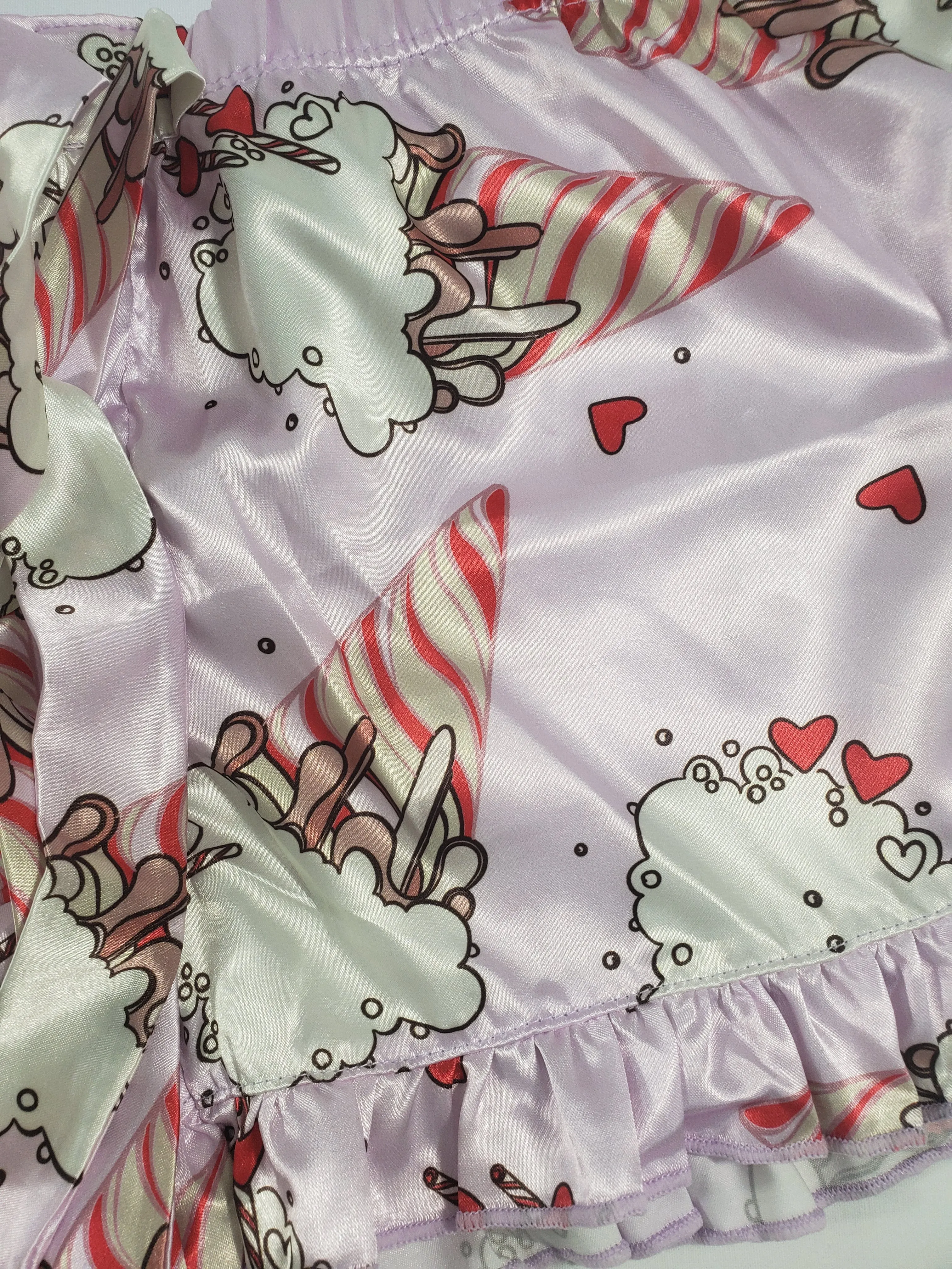 Women's Mellow pajama set pink satin shorts ice cream cones and hearts theme white blouse