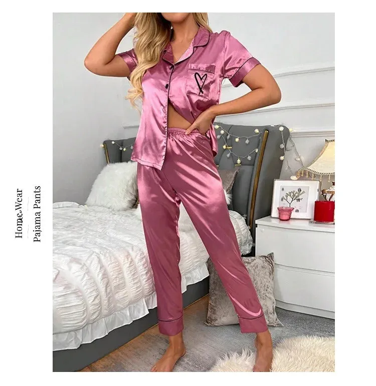 Women's Pajama Pocket Heart Embroidered Pajama Set Satin Comfortable Short Sleeve Button Pajama Lounge Pant For Women Sleepwear