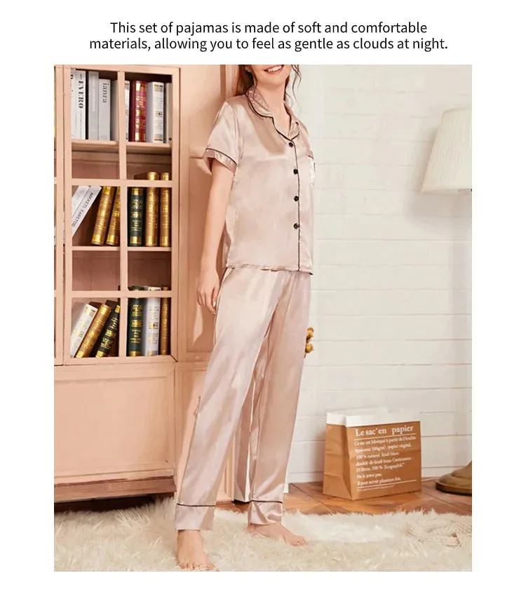 Women's Pajama Pocket Heart Embroidered Pajama Set Satin Comfortable Short Sleeve Button Pajama Lounge Pant For Women Sleepwear