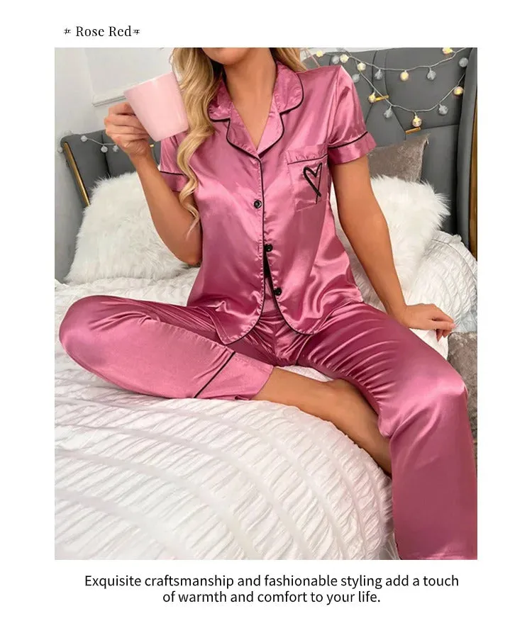 Women's Pajama Pocket Heart Embroidered Pajama Set Satin Comfortable Short Sleeve Button Pajama Lounge Pant For Women Sleepwear