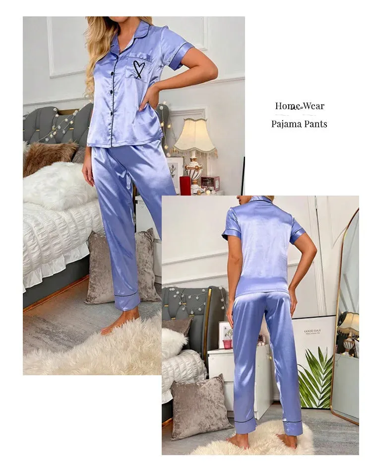 Women's Pajama Pocket Heart Embroidered Pajama Set Satin Comfortable Short Sleeve Button Pajama Lounge Pant For Women Sleepwear