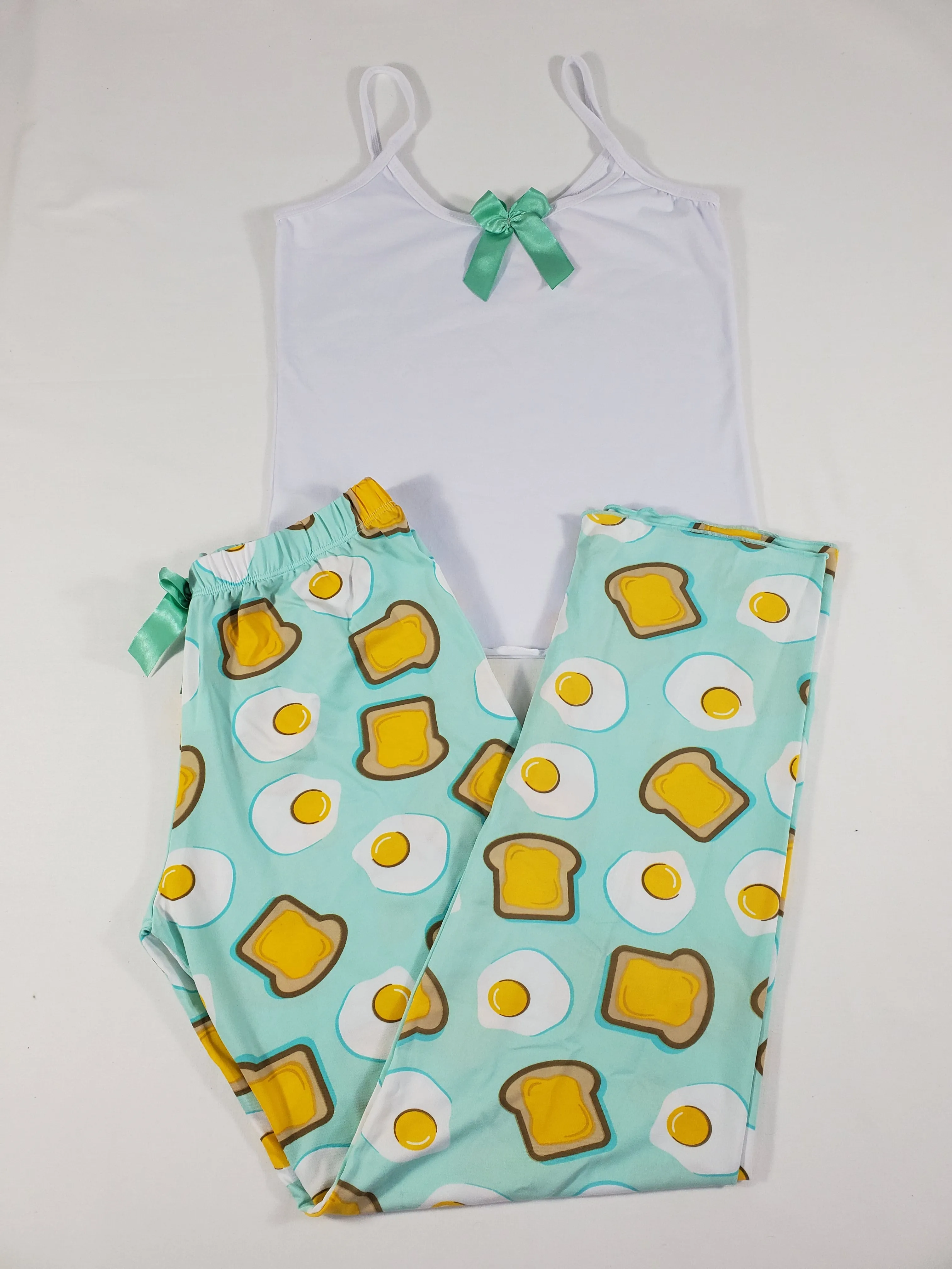 Women's Pajama set green pants fried eggs and toast theme white blouse