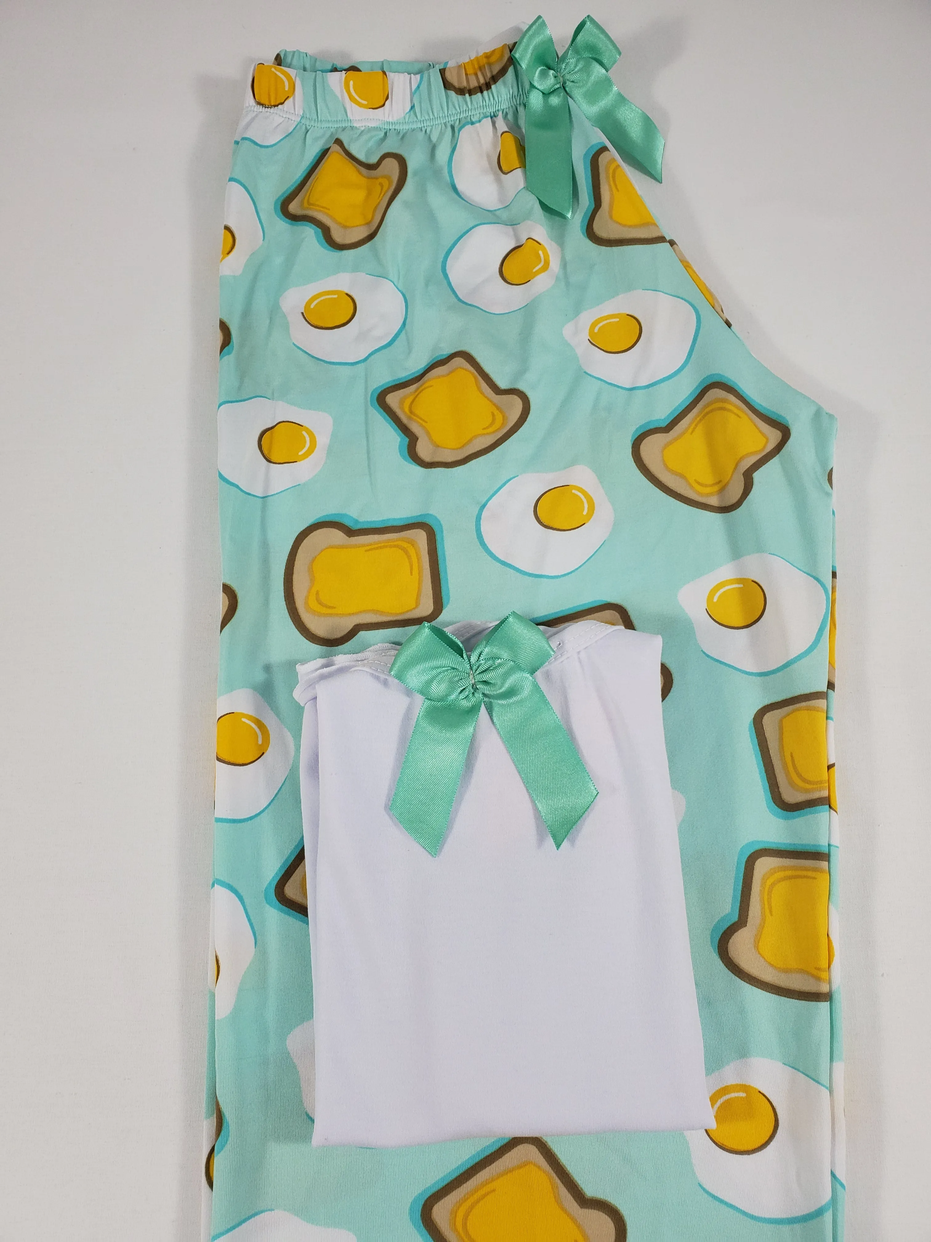 Women's Pajama set green pants fried eggs and toast theme white blouse