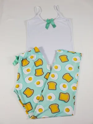 Women's Pajama set green pants fried eggs and toast theme white blouse