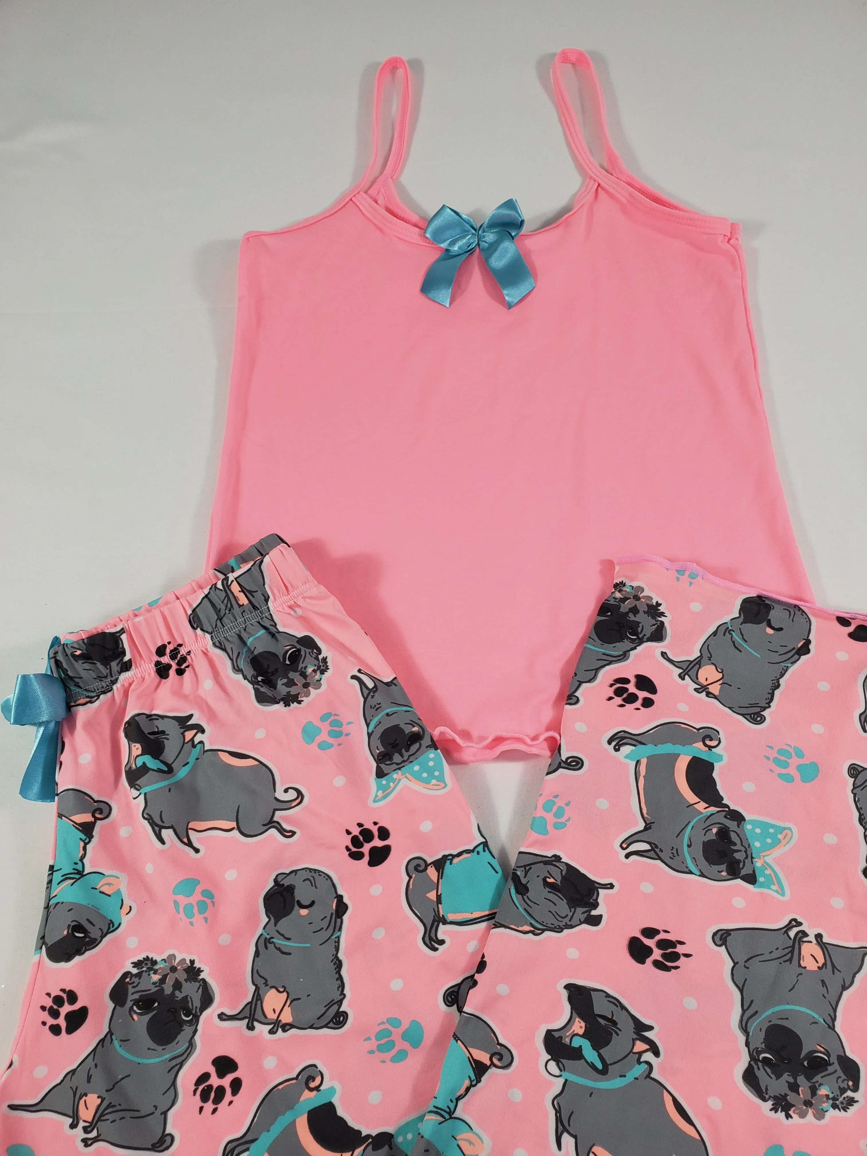 Women's Pajama set pink pants puppies theme pink blouse