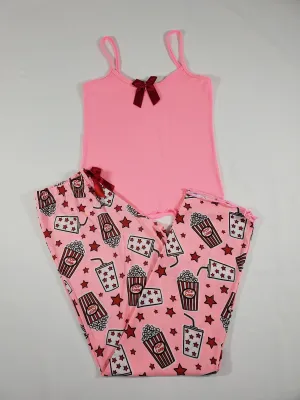 Women's Pajama set pink pants stars and popcorn theme pink blouse