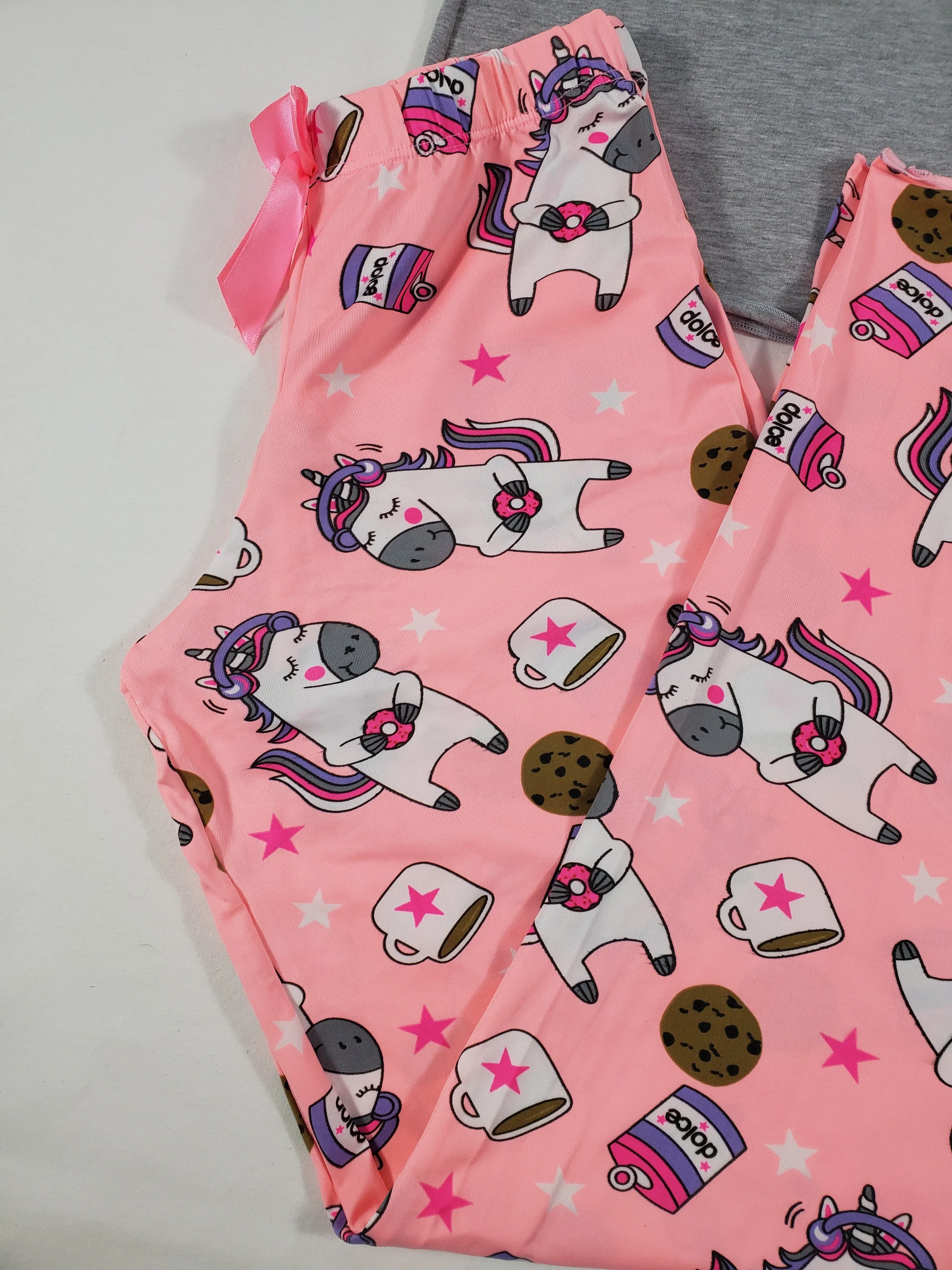 Women's Pajama set pink pants unicorns and cookies theme gray blouse